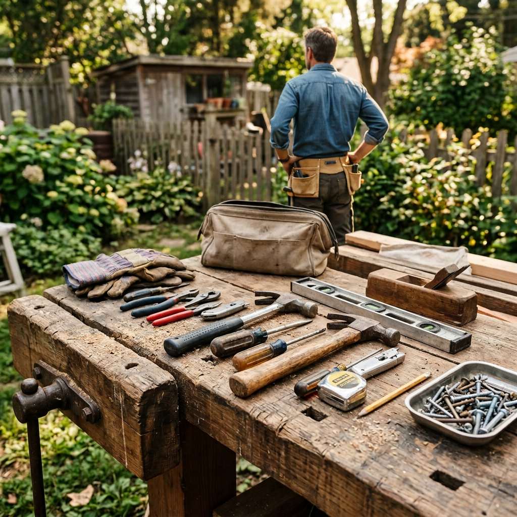 Woodworking tools including pliers, screwdrivers, hammer, level, tape measure, gloves, and screws on a wooden workbench